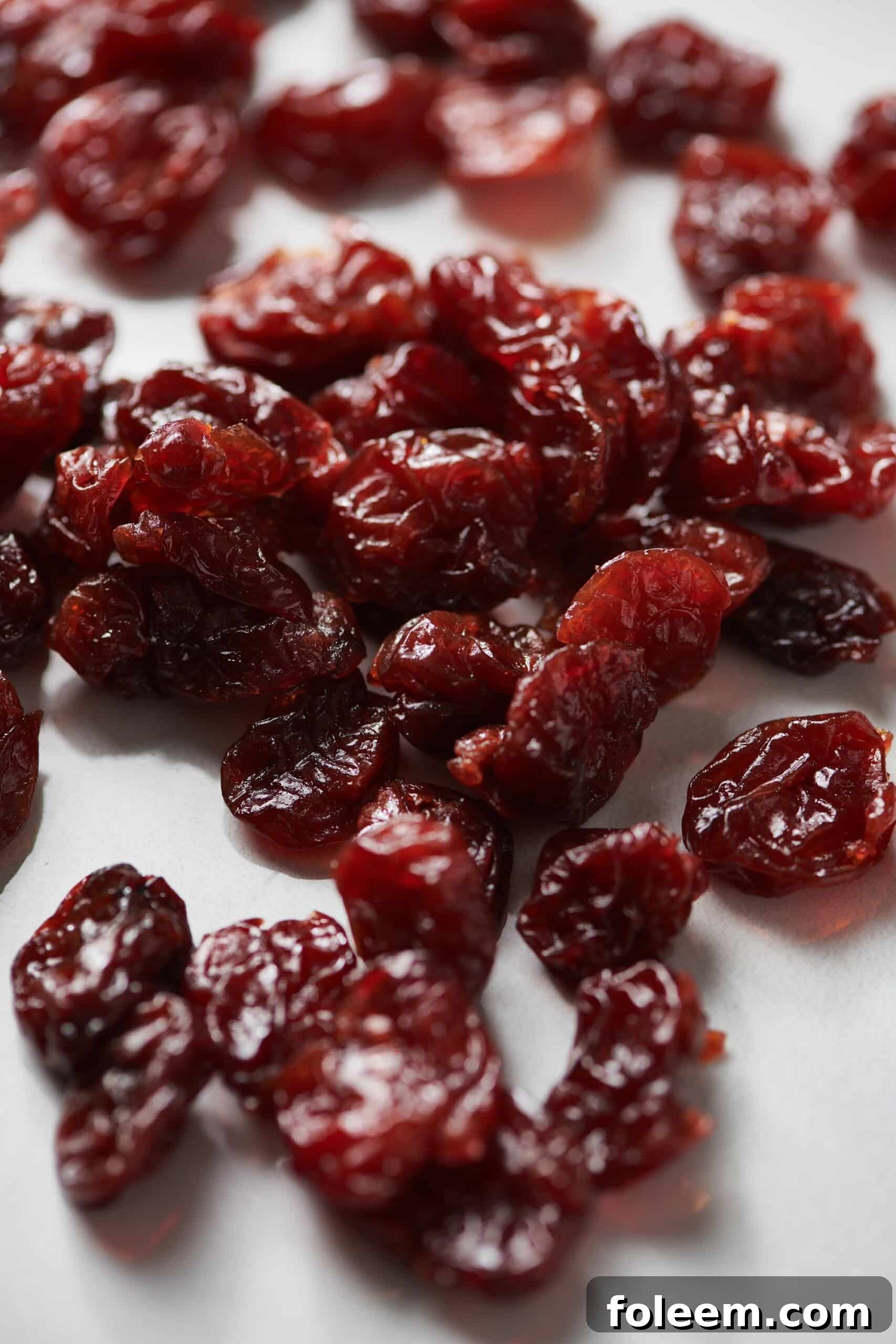 Dried cherries on parchment paper.