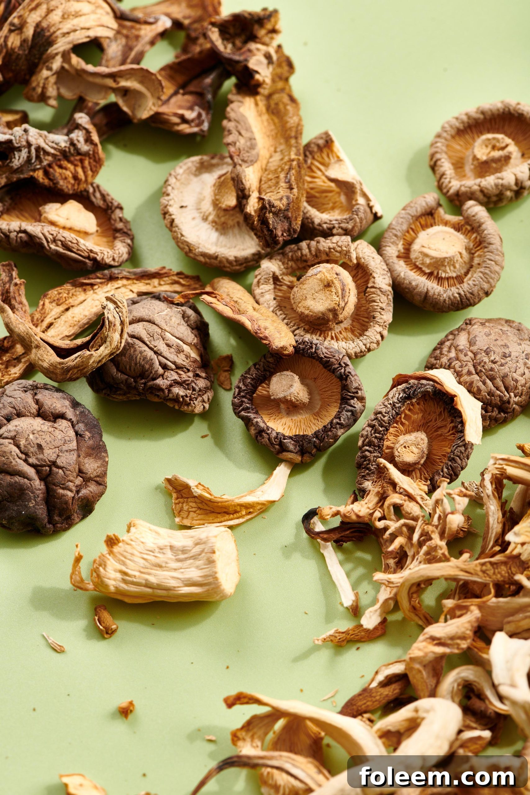Various dried mushrooms on a pale green background.