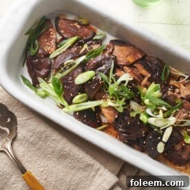 Korean Mushrooms in a white baking dish.