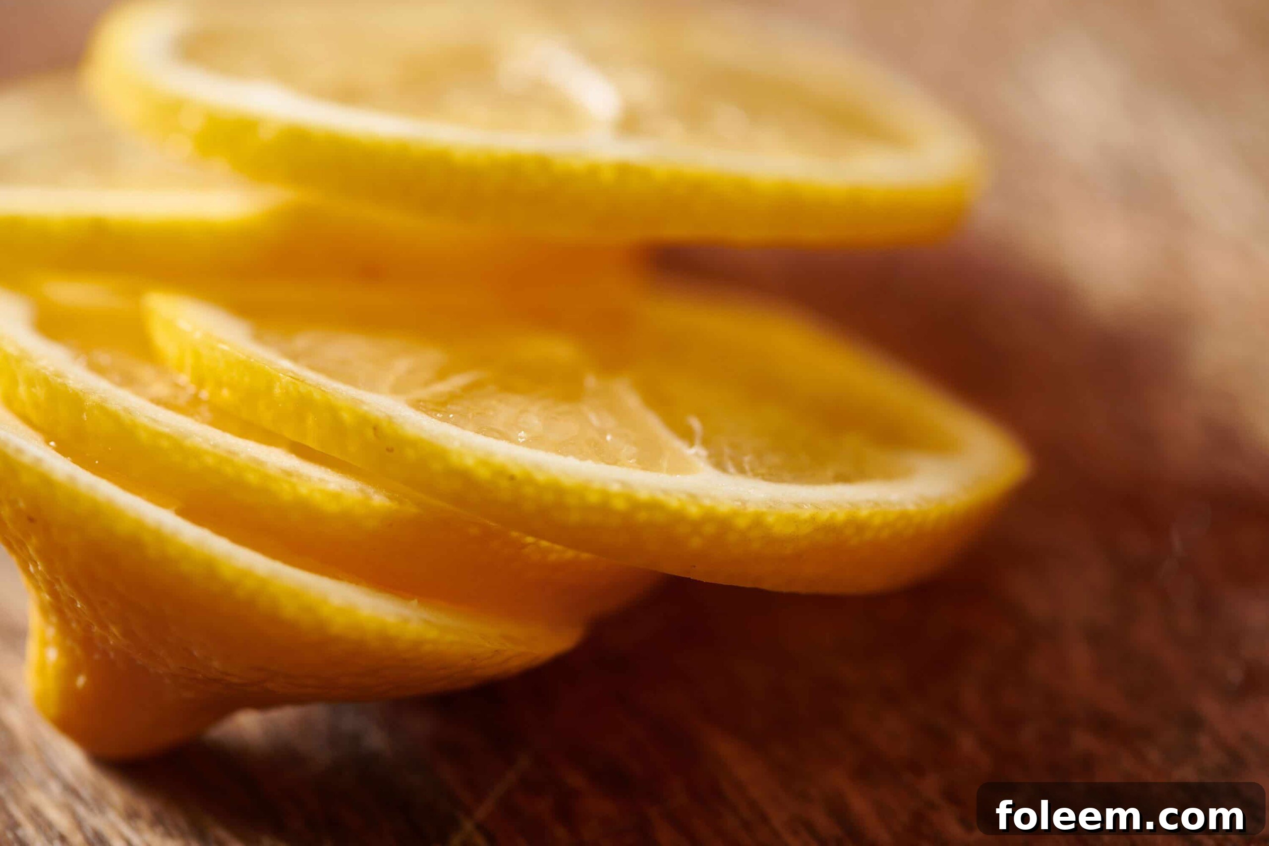 Lemon slices on a wooden surface.