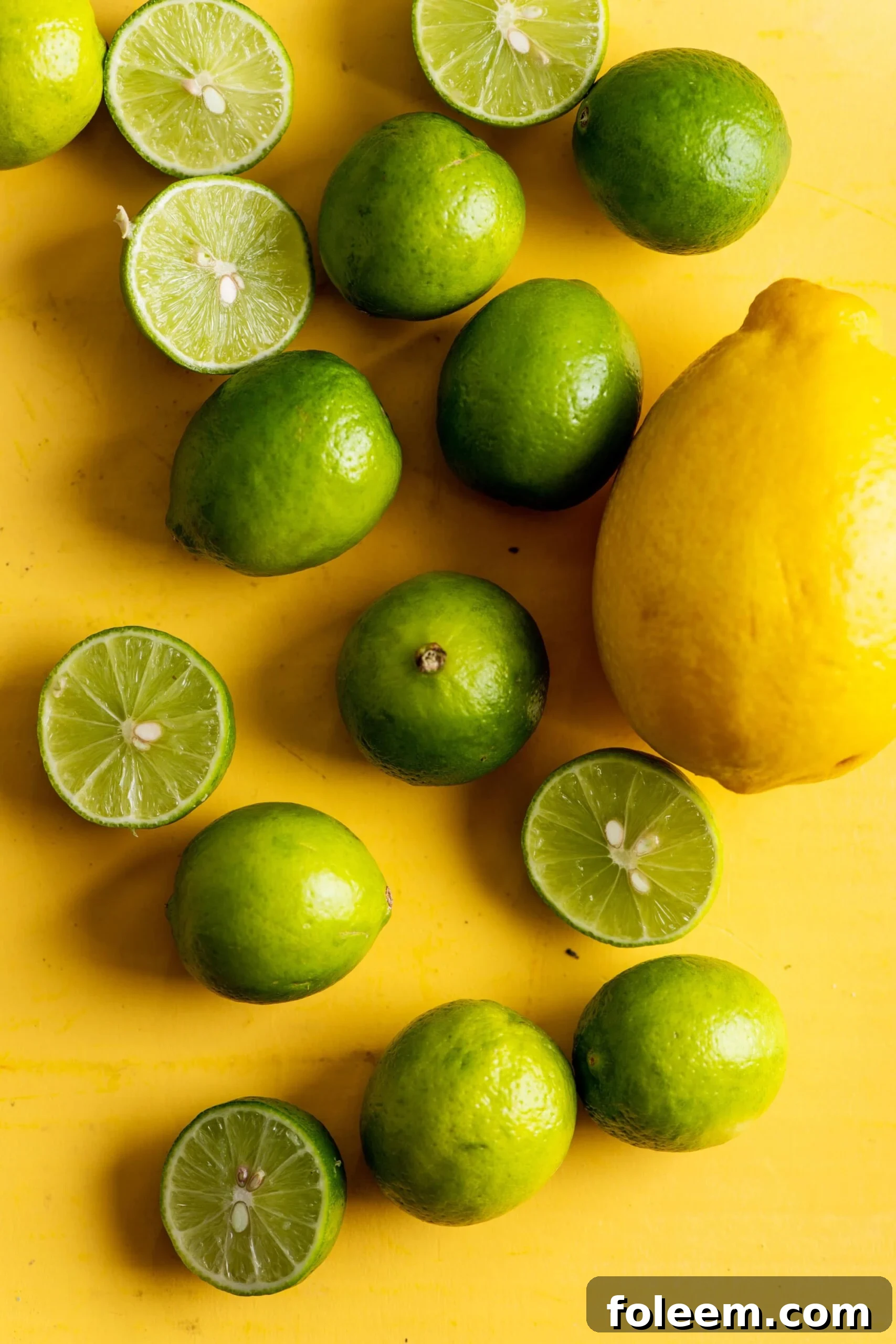 Limes and lemon on yellow table.