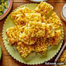Squares of baked mac and cheese