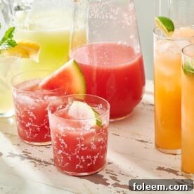 Glasses and pitchers filled with different colors of agua fresca.