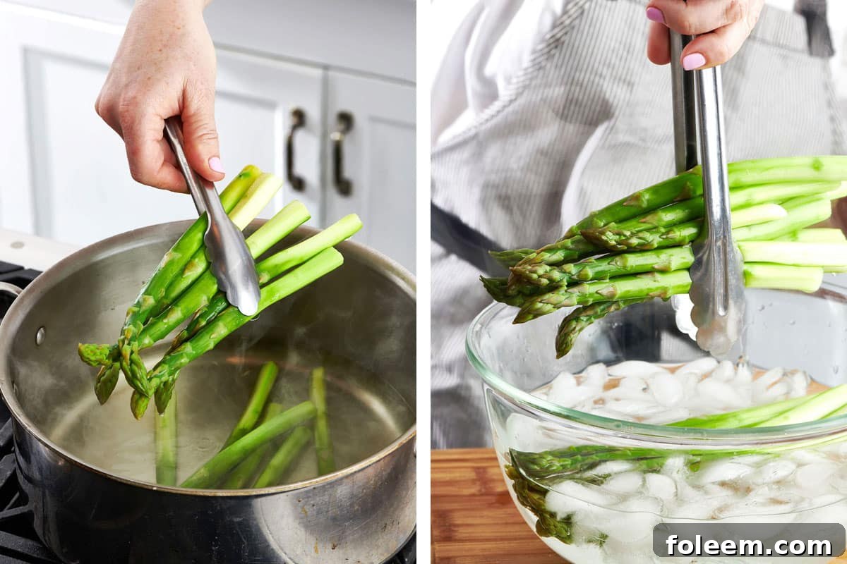 Blanching asparagus in hot water and ice water bath.