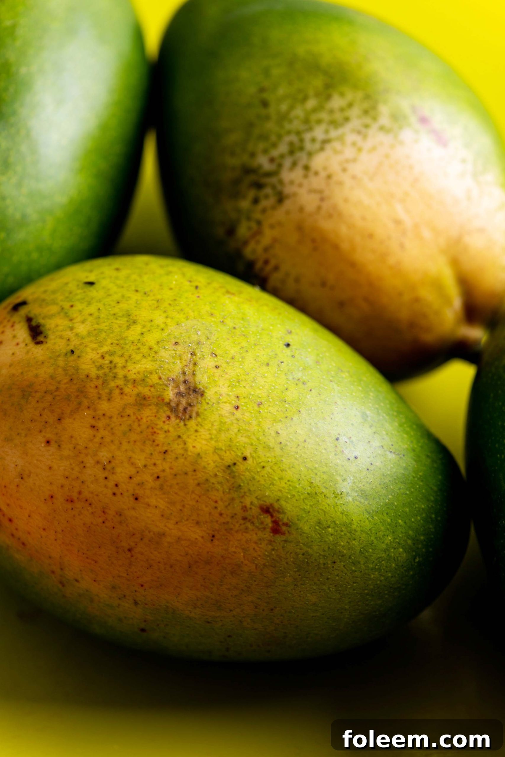 Pile of mangos on a yellow surface.