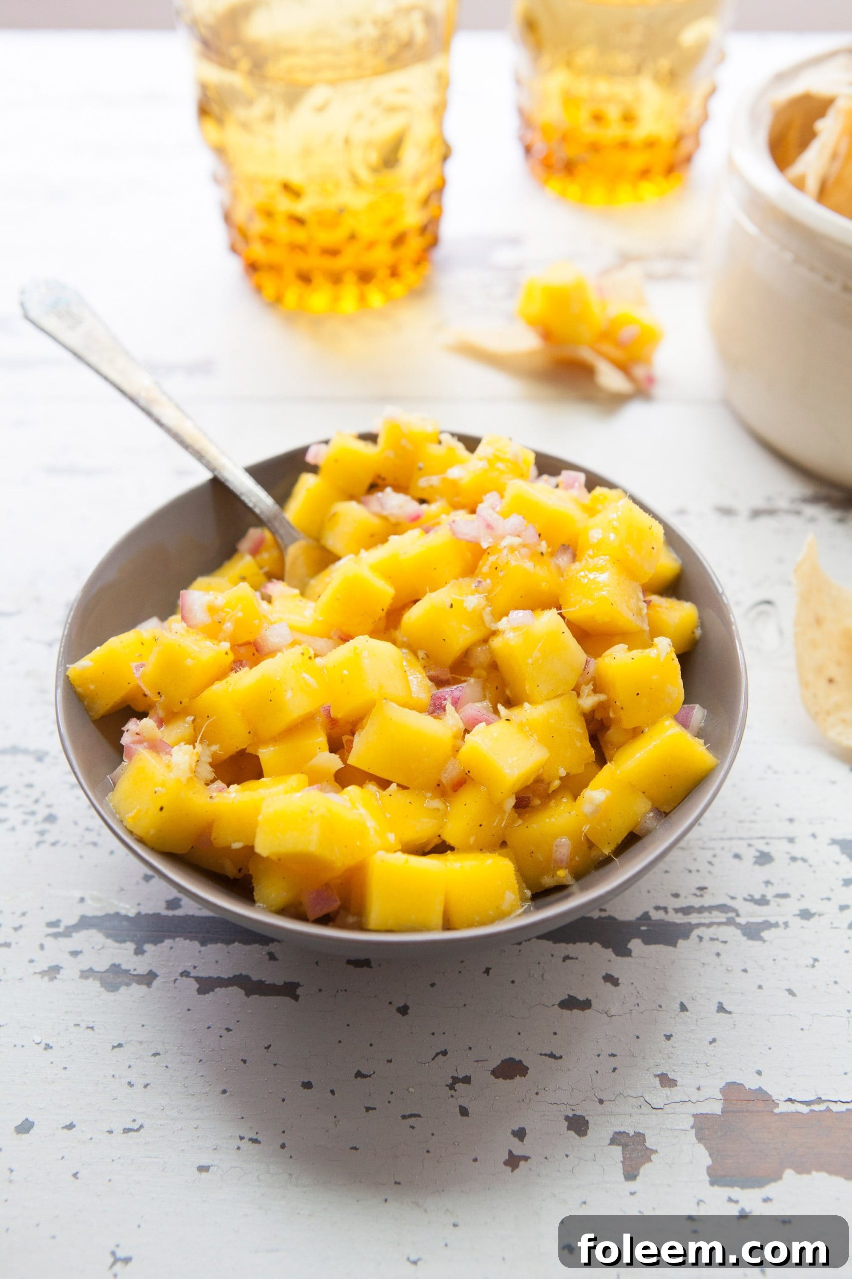 Spoon in a bowl of Citrusy Mango Ginger Salsa.