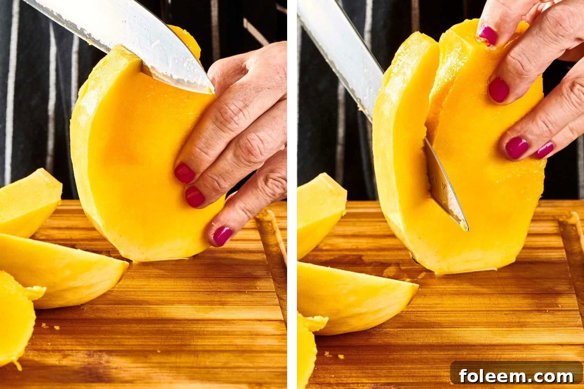 Woman slicing fresh mango with knife.