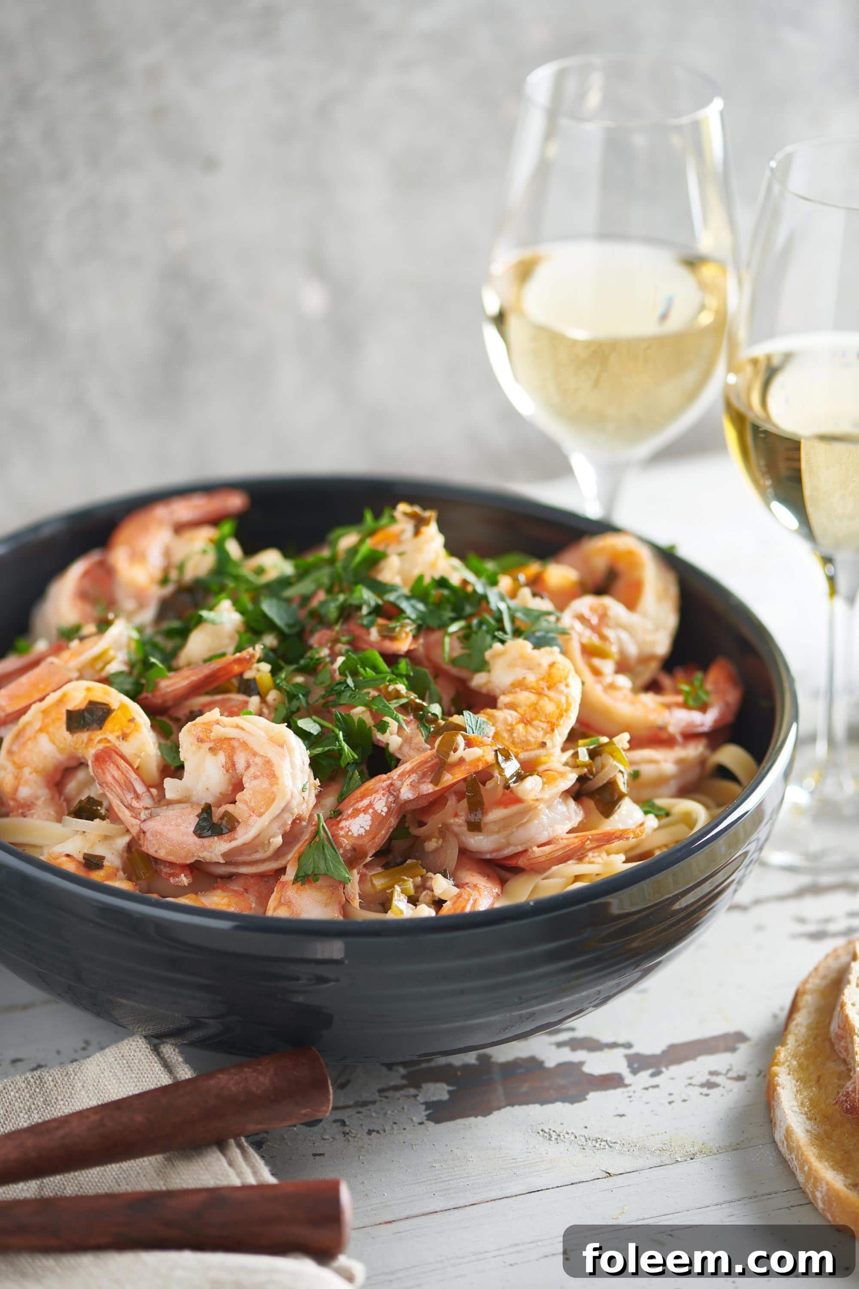 Shrimp Scampi garnished with parsley in a blue serving bowl.