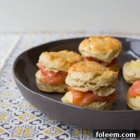 Irish scones with smoked salmon on a plate.