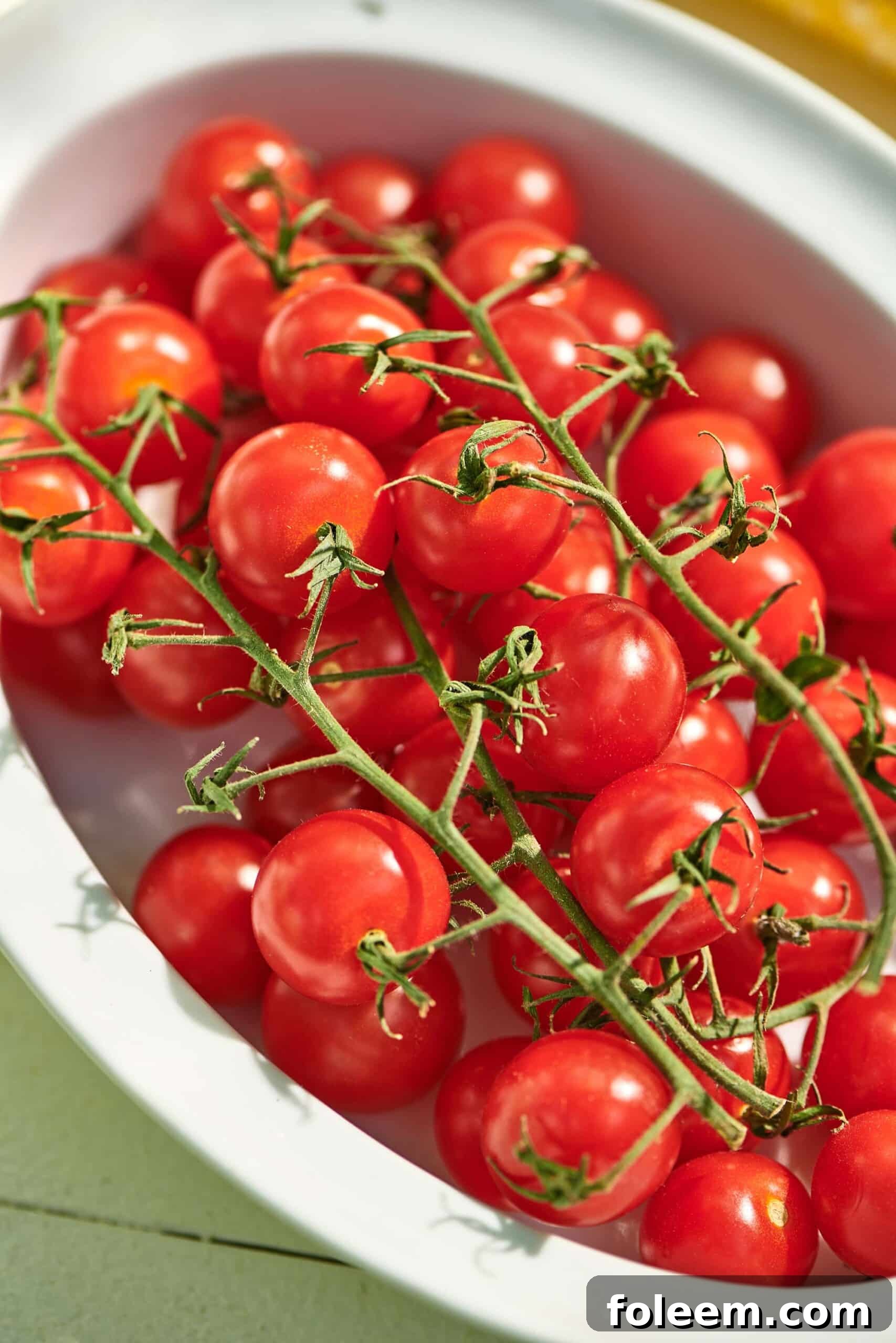 Bowl of fresh cherry tomatoes on the vine.