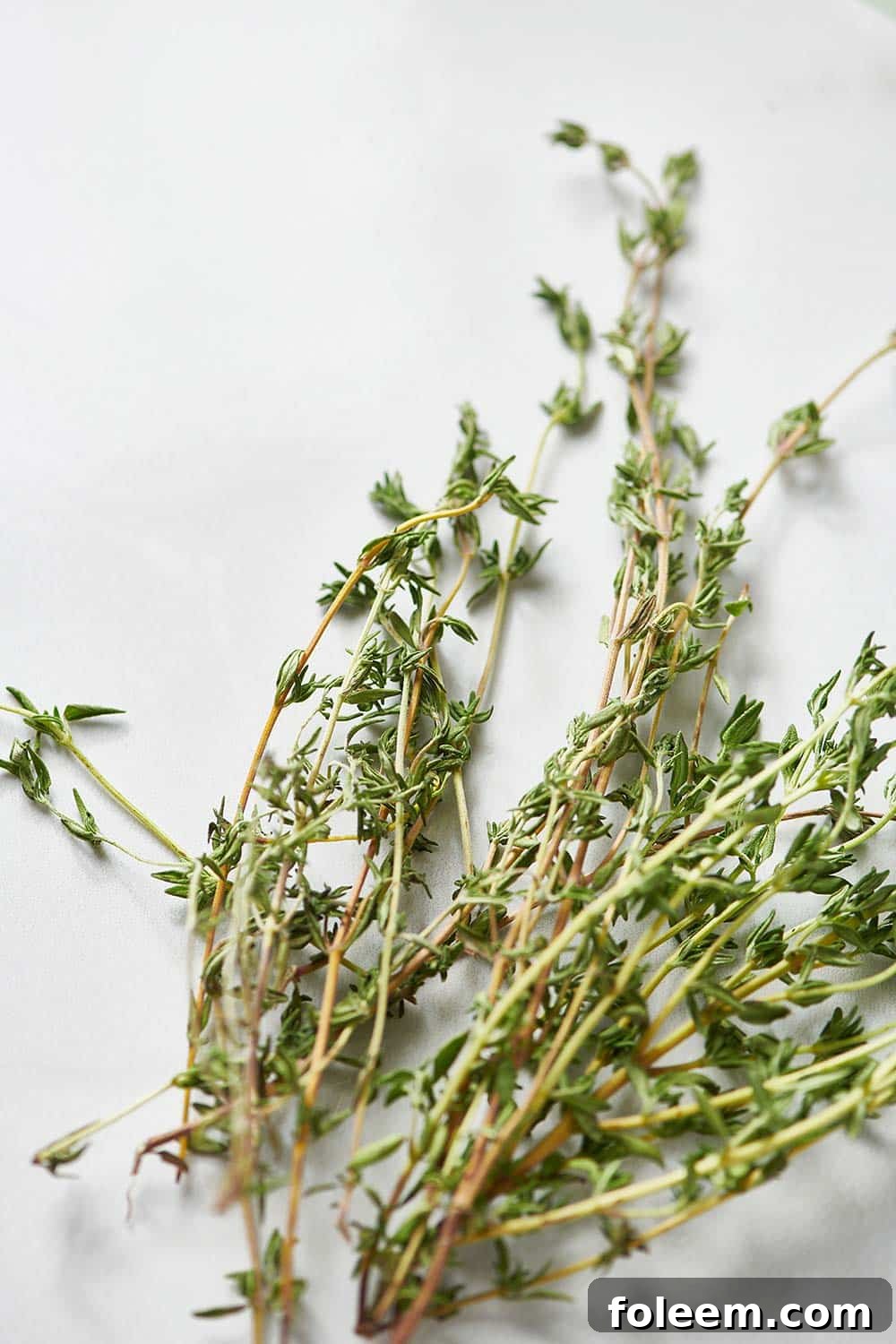 Fresh thyme sprigs on white surface.