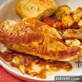 Baked bone-in chicken breast on white plate.
