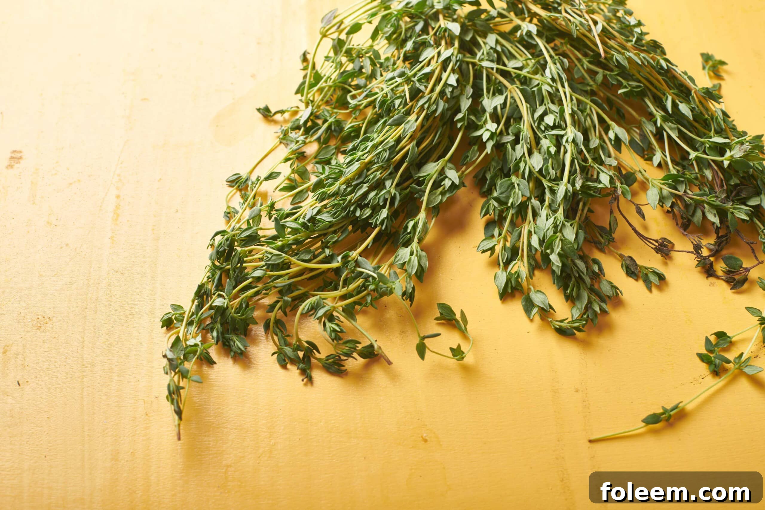 Fresh sprigs of thyme on yellow surface.