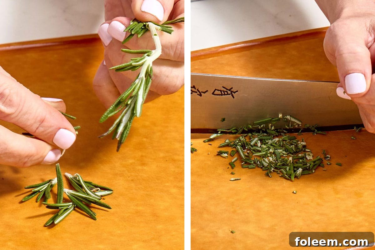 Removing rosemary leaves from stem and mincing with knife.