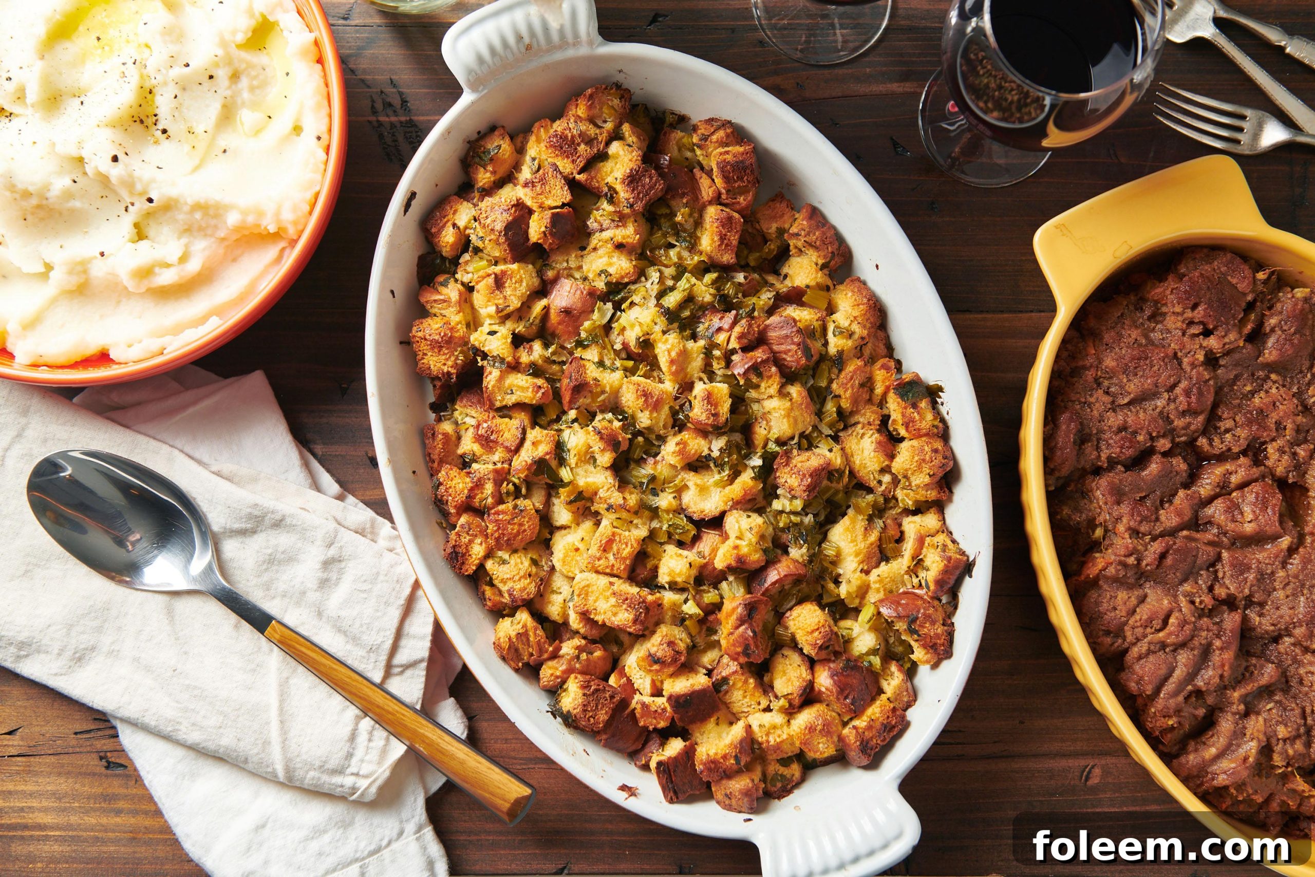 Classic Traditional Thanksgiving Stuffing in serving platter.