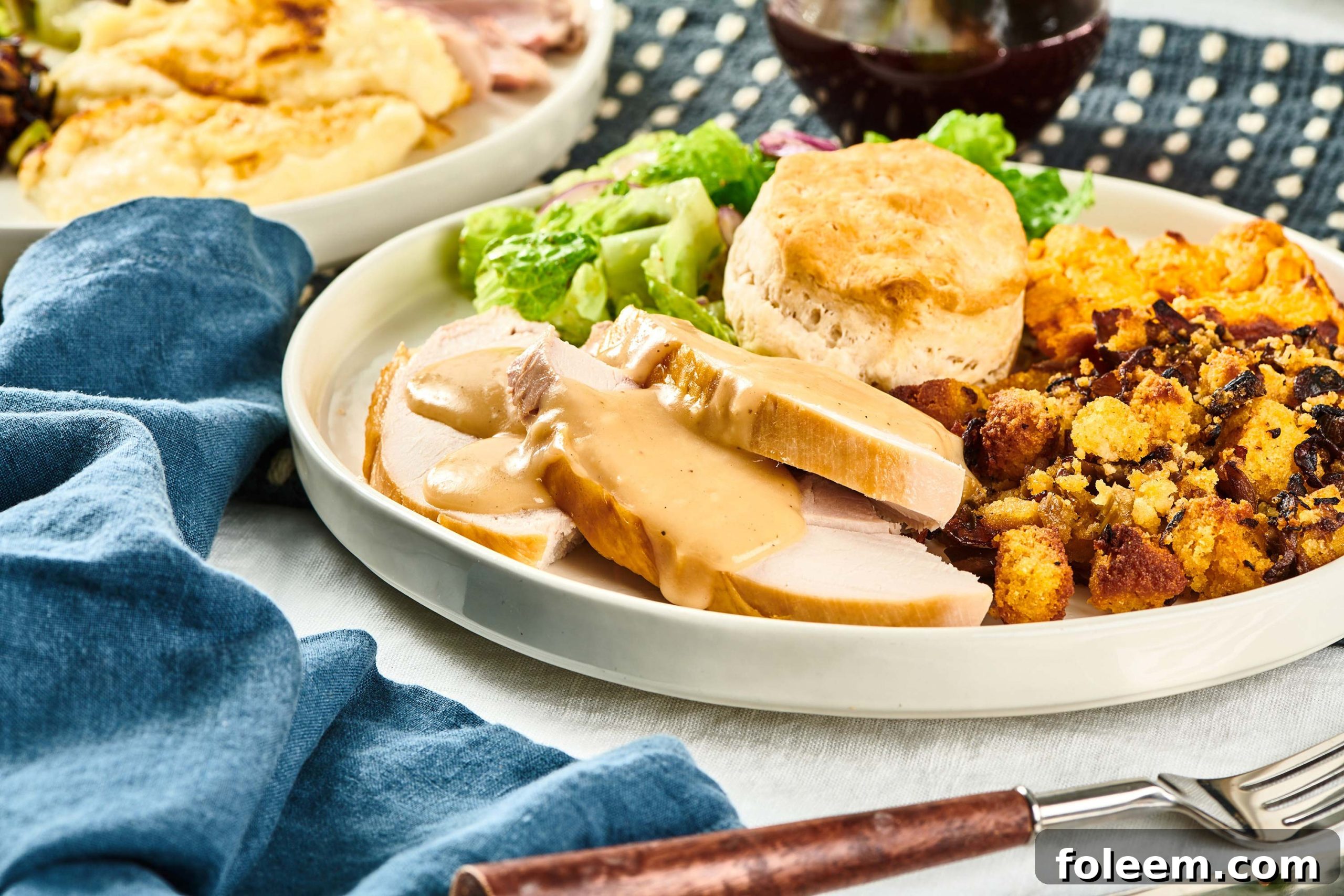 Turkey with gravy and stuffing on a plate.