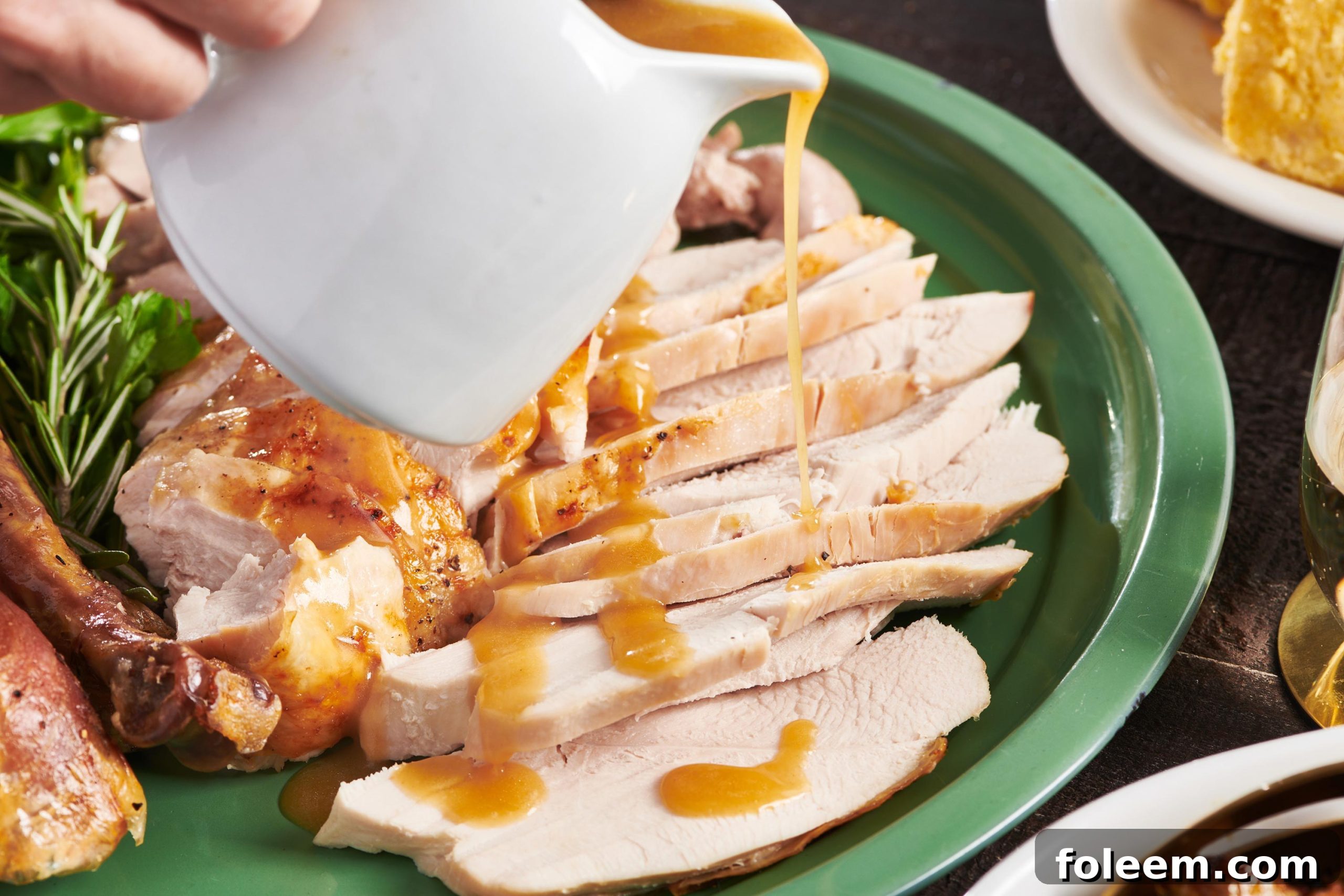 Woman pouring gravy over sliced turkey on a green platter.