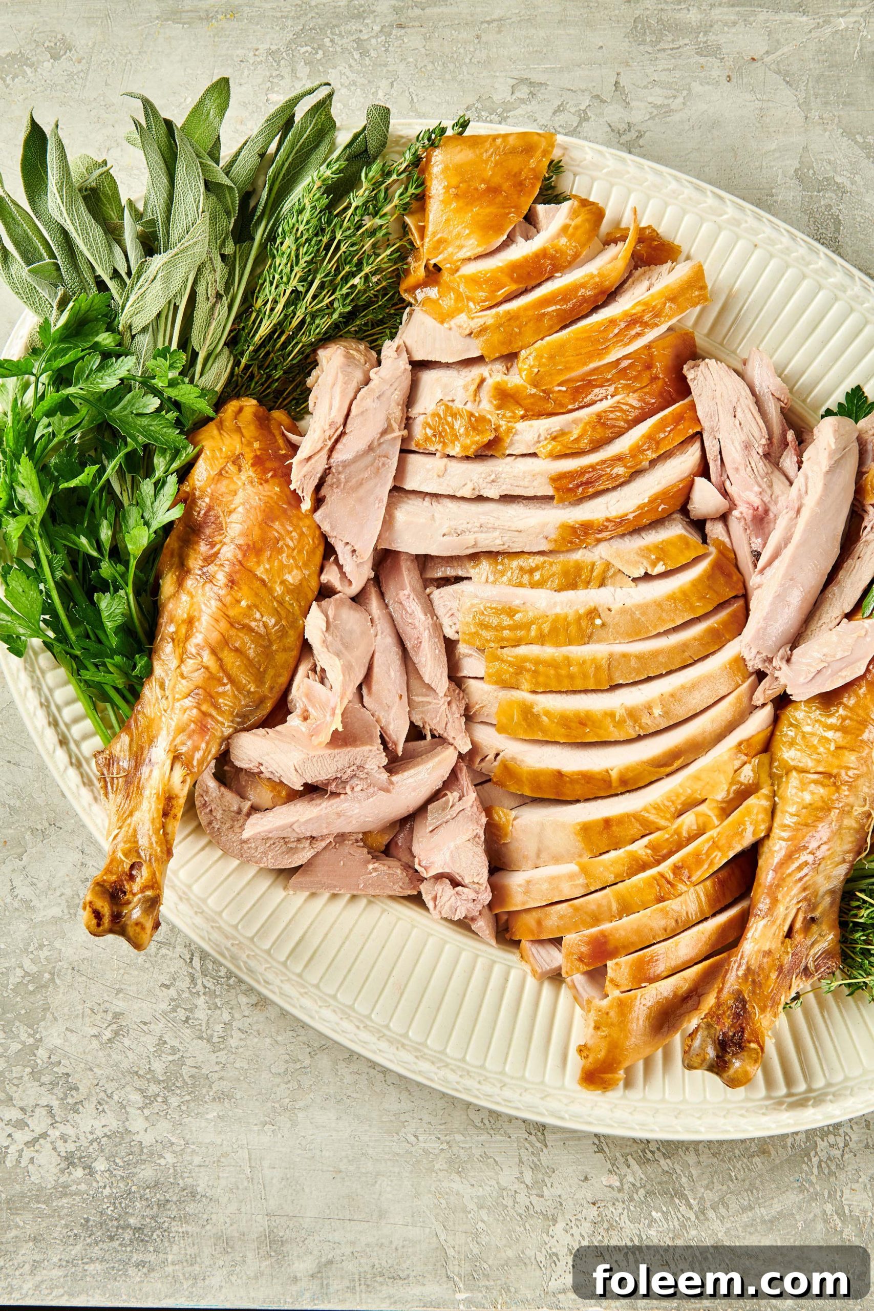 Carved turkey on a serving platter.