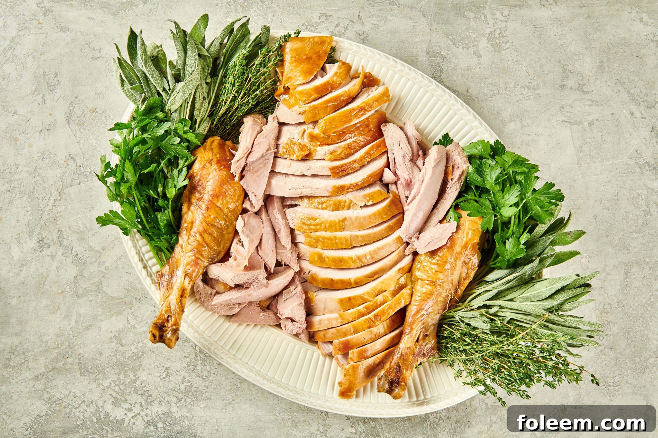 Platter of herbs and carved turkey.