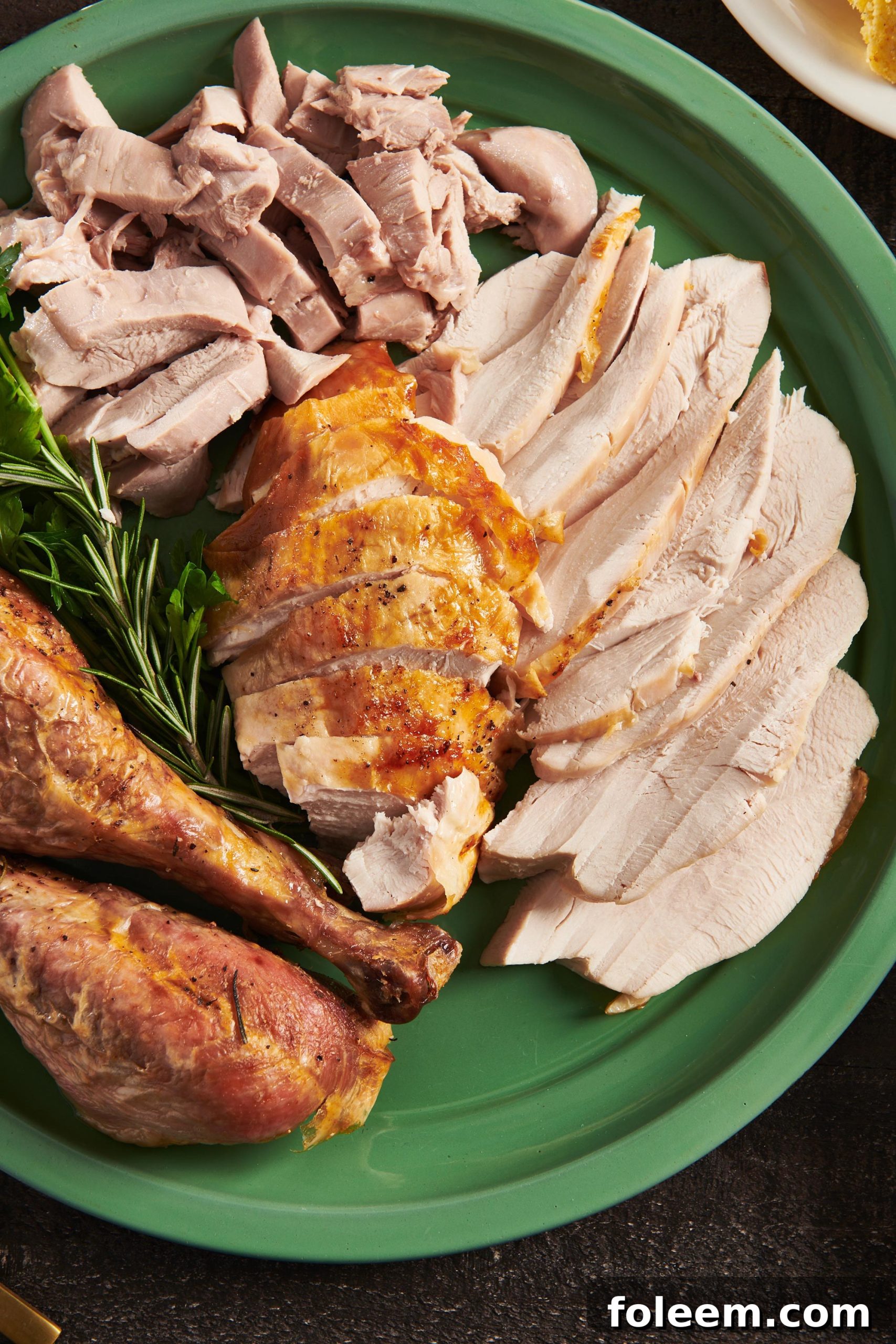 Sliced roasted turkey on serving platter.