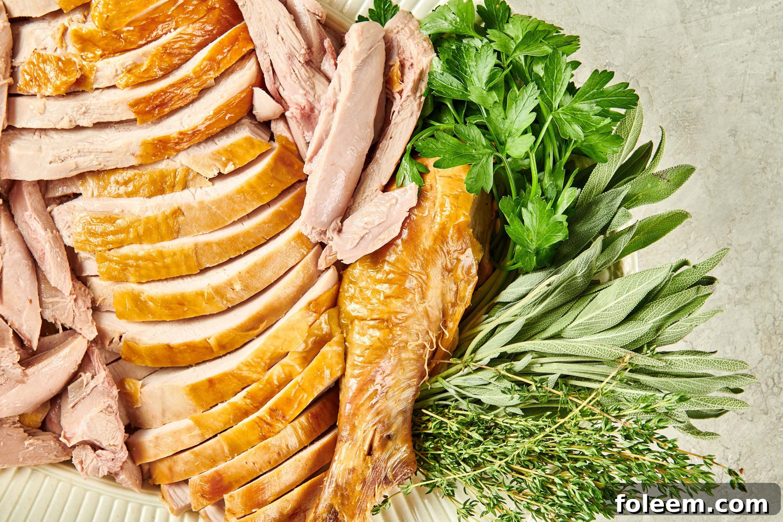 Carved turkey and herbs on a platter.