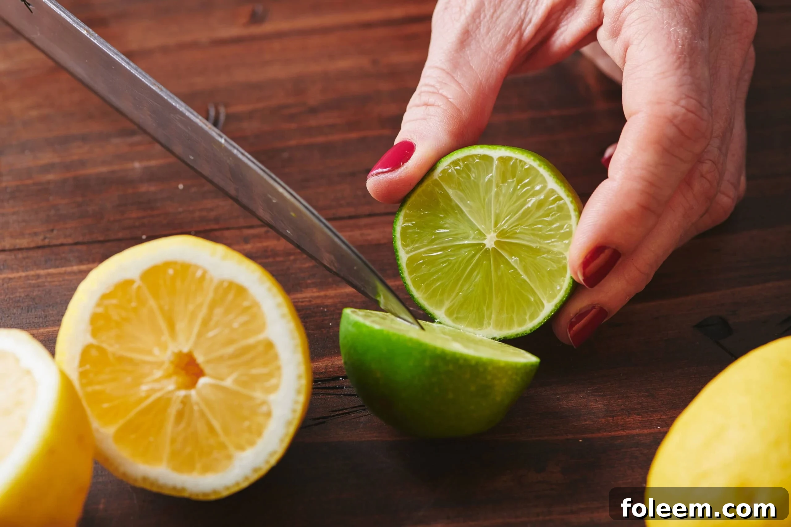 Woman halving a lime with a knife.