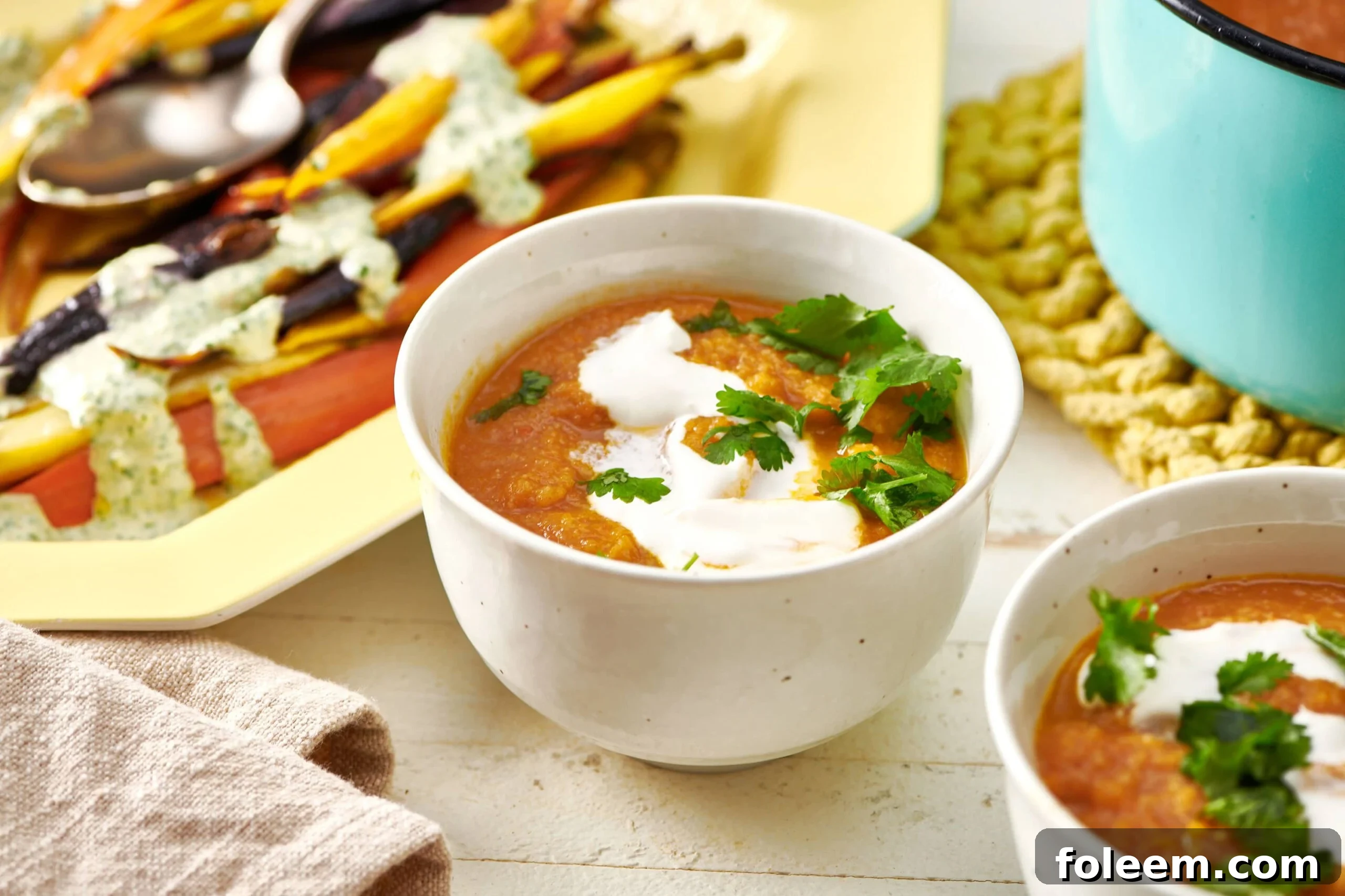 Moroccan Carrot and Cauliflower Soup in white bowl.