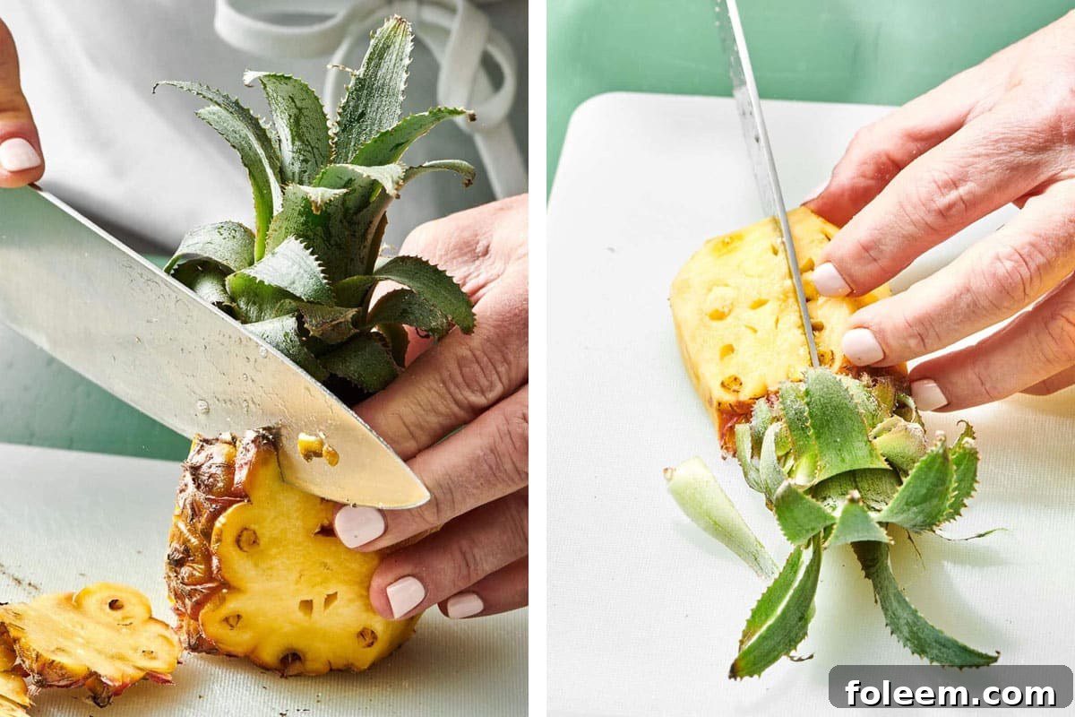Woman cutting baby pineapple with knife.
