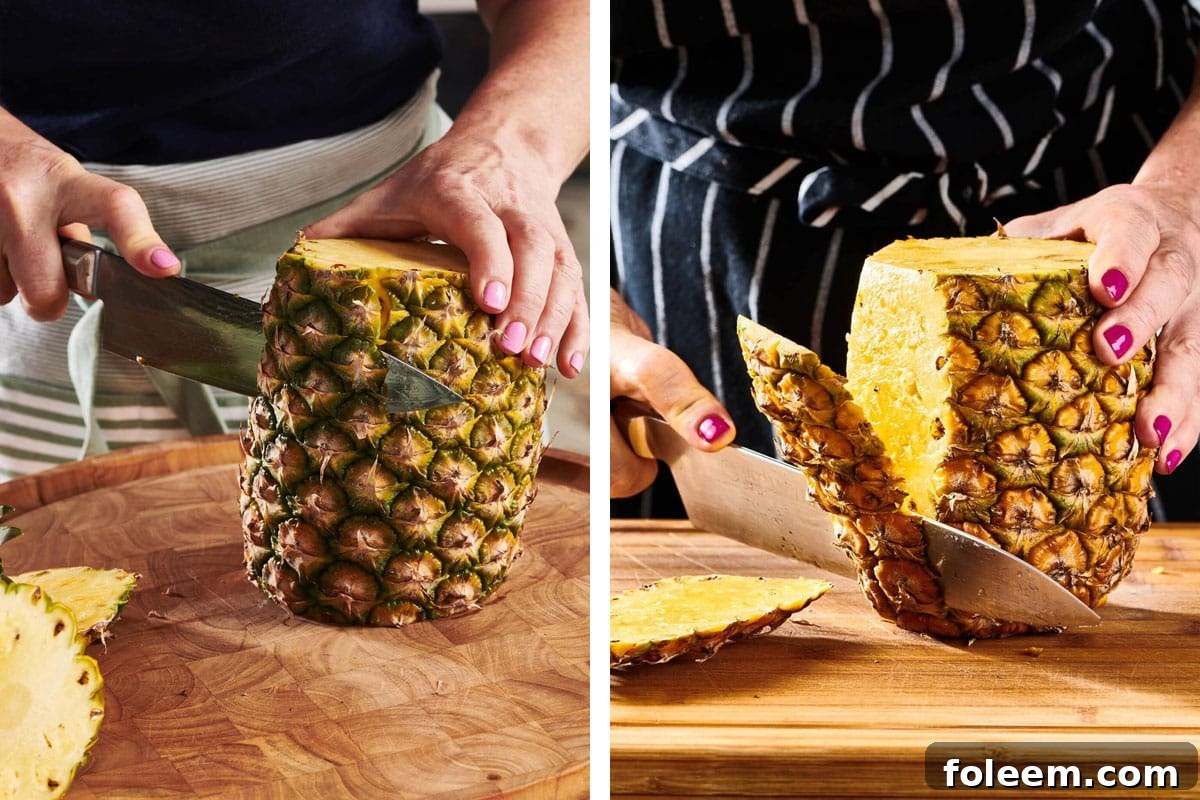 Woman slicing the outside off of a pineapple.