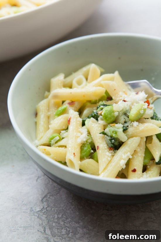 Pasta with Ramps, Edamame, and Sugar Snap Peas in a Light Parmesan Cream Sauce / Photo by Kerri Brewer / Katie Workman / themom100.com