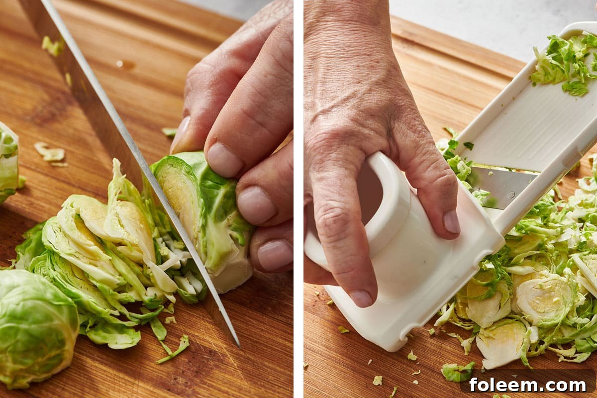 Shredding Brussels sprouts with a knife and mandoline.