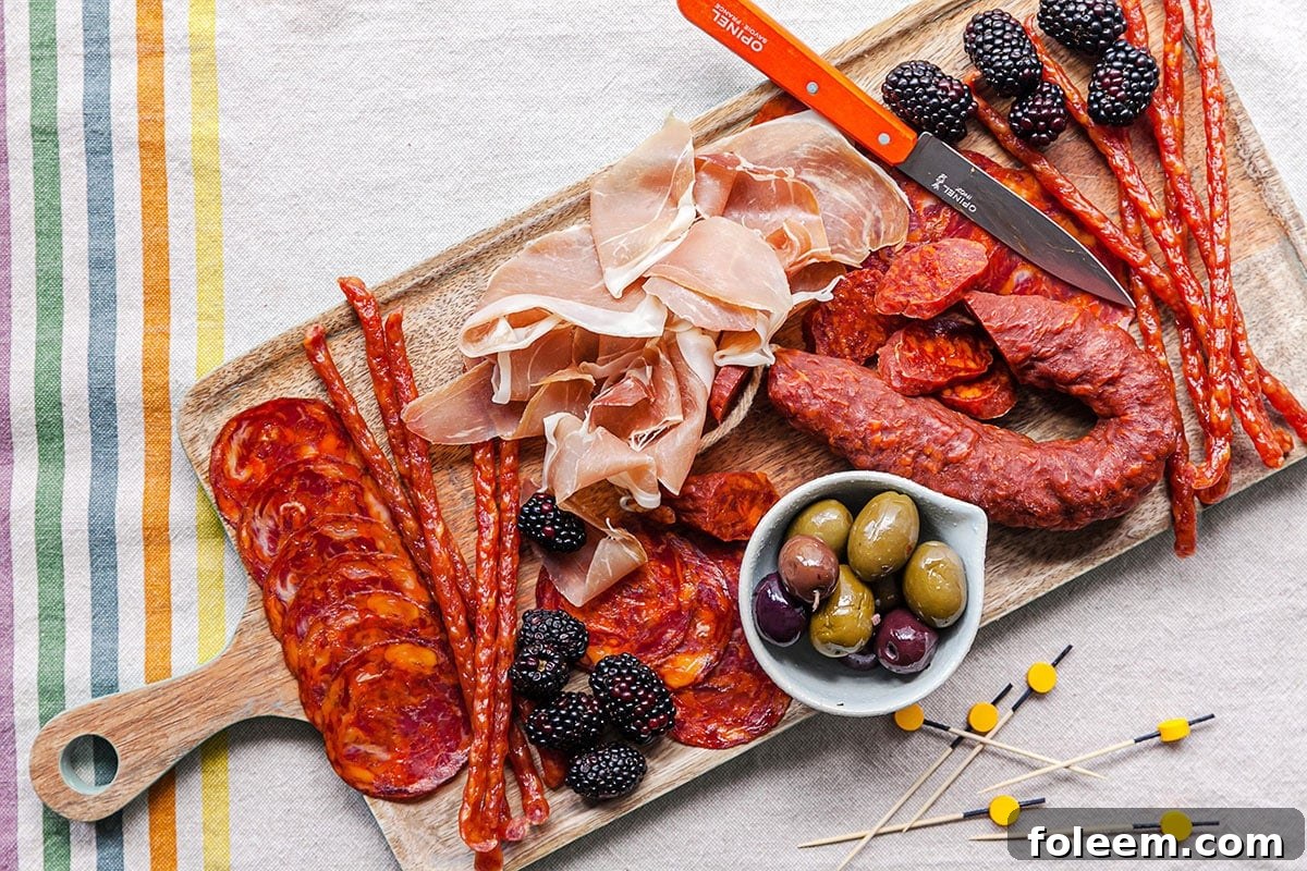 Meats, fruits, and olives on a wooden board.