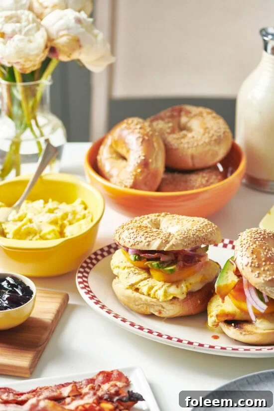 Two breakfast sandwiches on a plate on a table set with breakfast ingredients.