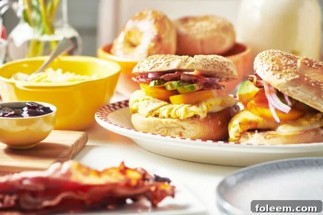 Breakfast sandwiches, bagels, eggs, bacons, and other ingredients on a table.