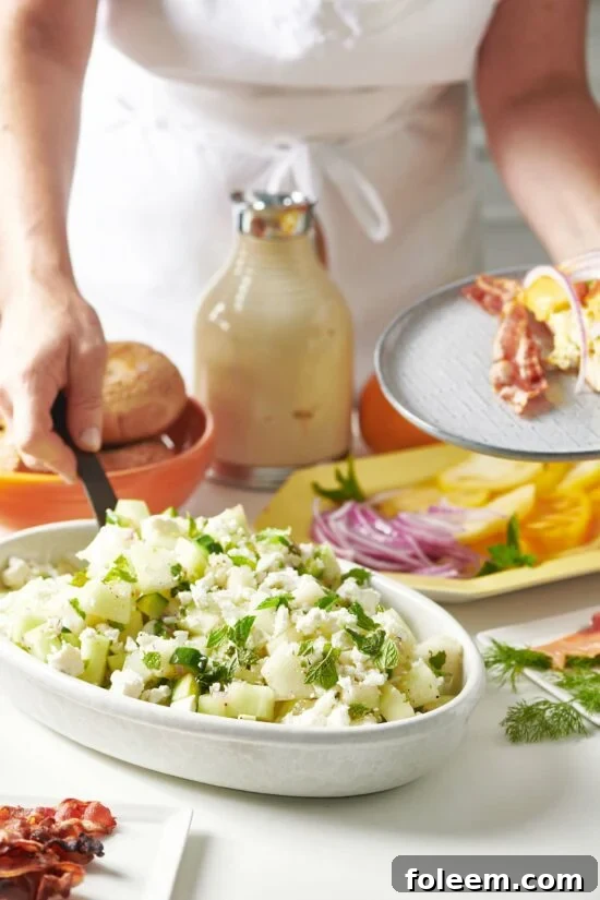 Woman filling her plate with breakfast foods.