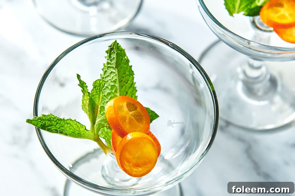 Fresh mint and kumquat in cocktail glass.