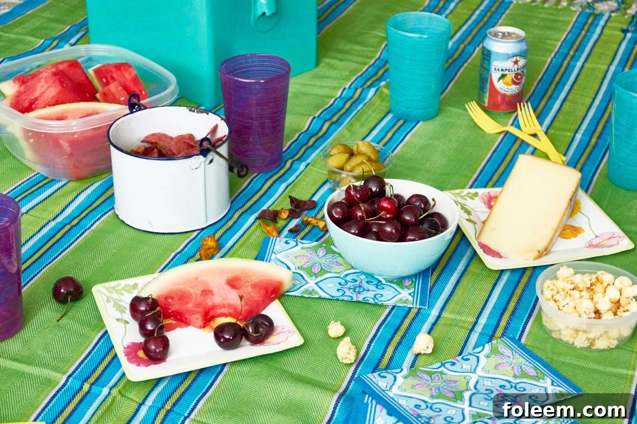 Table set with fruit, popcorn, cheese, and a colorful tablecloth.