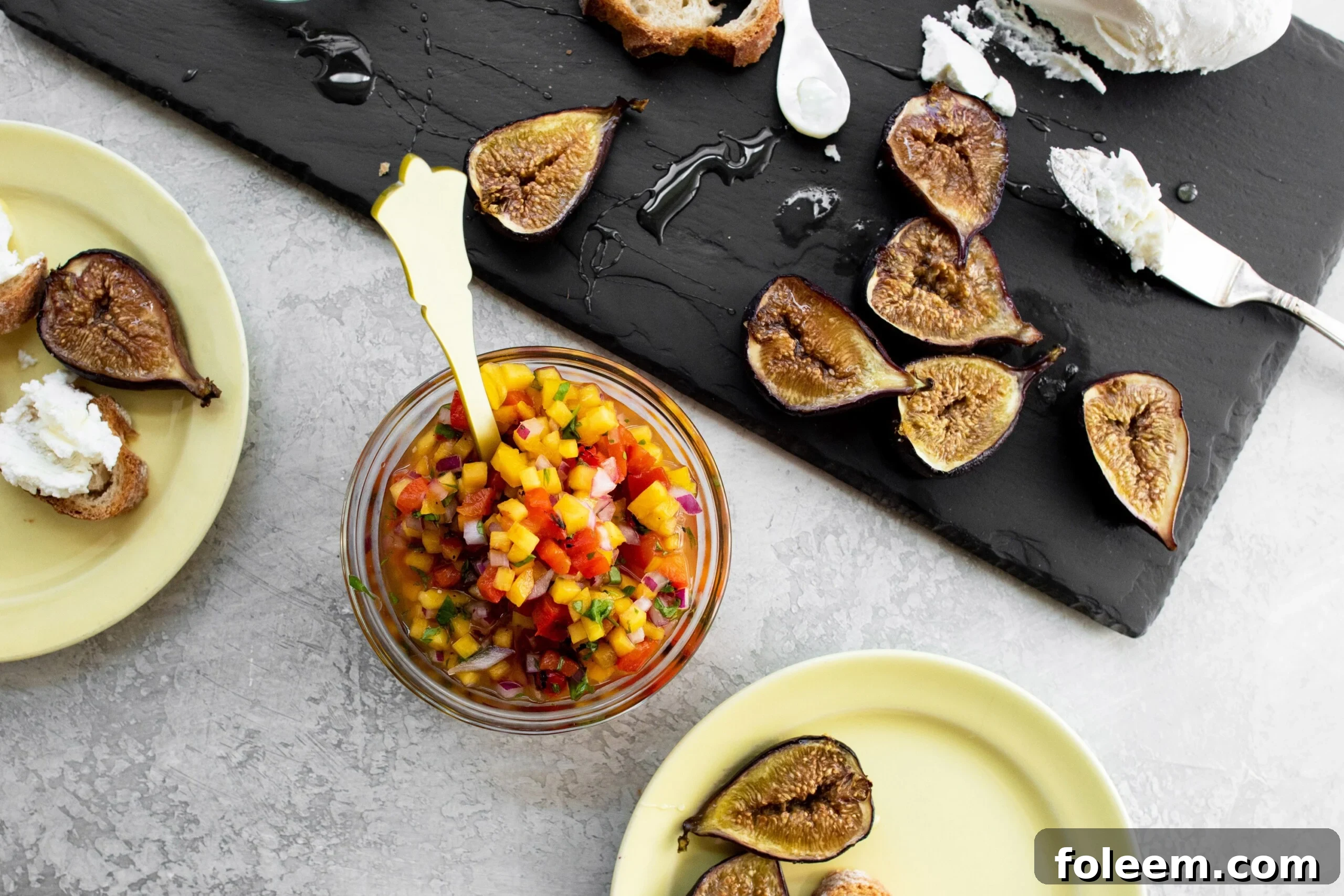 Peach and Roasted Red Pepper Salsa in bowl with roasted figs.