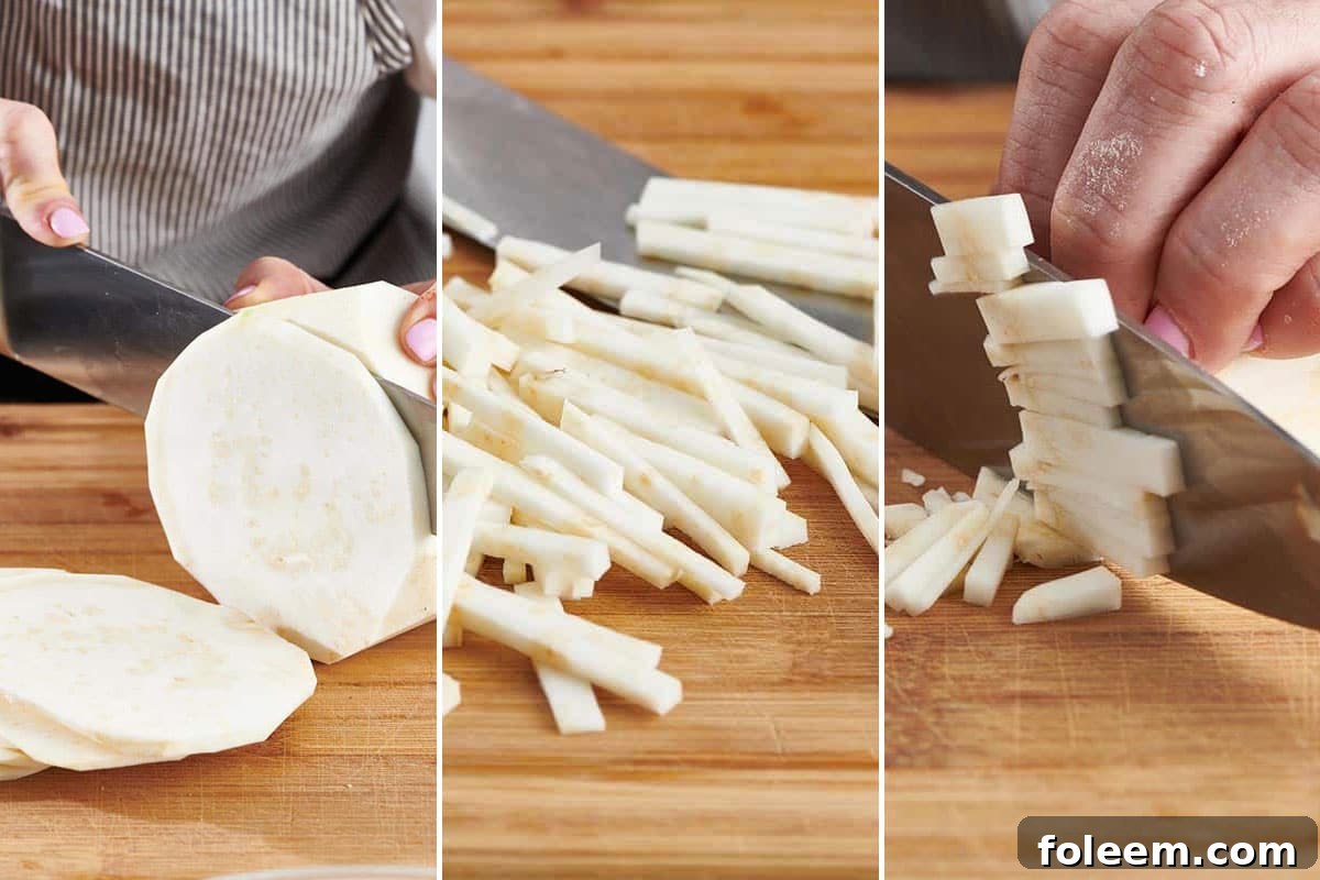 Slicing and dicing peel celeriac.