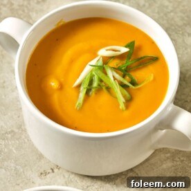 Bowl of pureed vegan butternut squash and apple soup garnished with scallions.