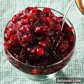 Spoon in a glass bowl of Cranberry Sauce.