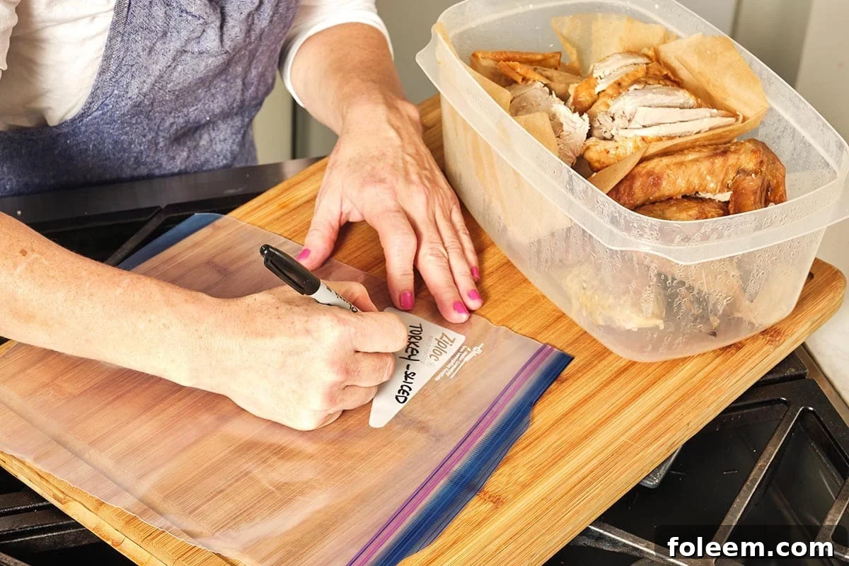 Woman labeling a Ziploc "Turkey - Sliced."