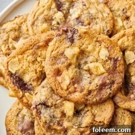 Kitchen Sink Cookies on white serving tray.