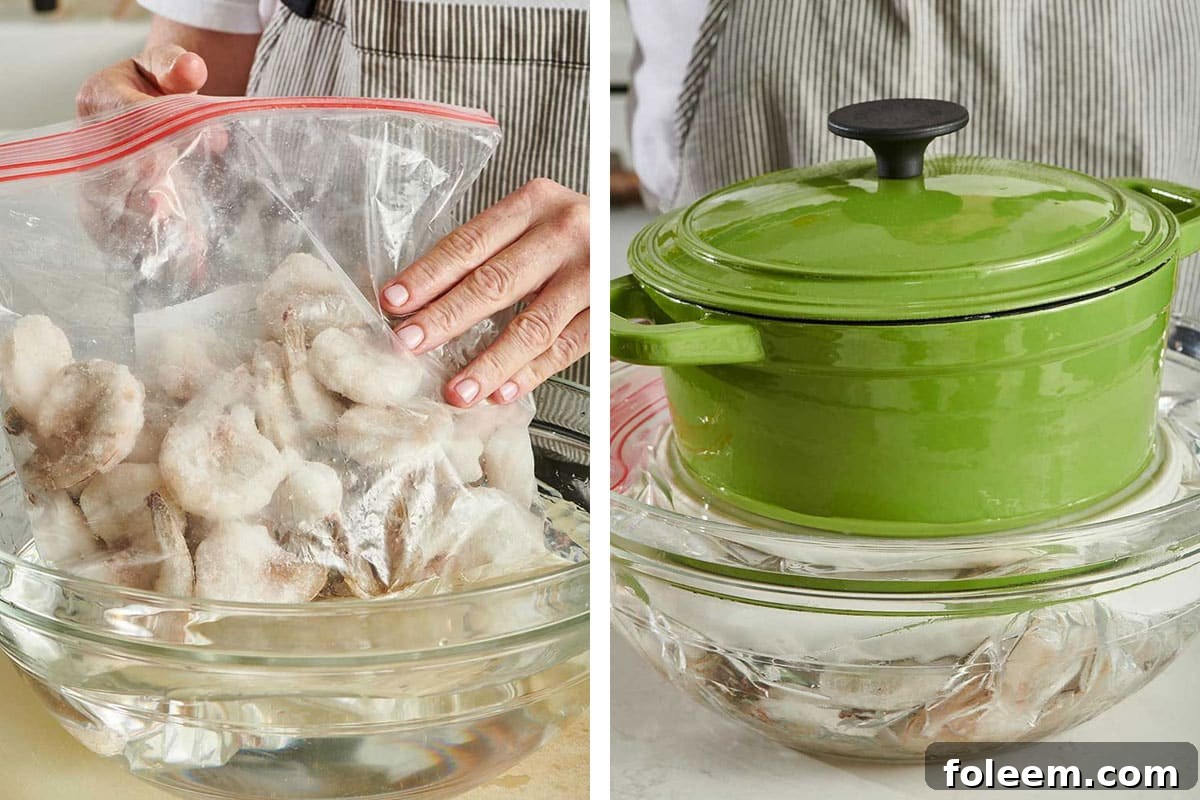Submerging frozen shrimp in cold water and weighing down with green pot.