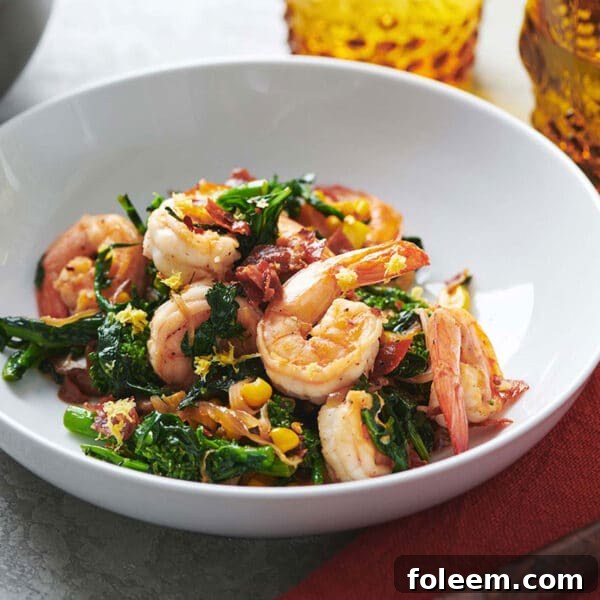 Sauteed Shrimp with Vegetables in bowl on table.