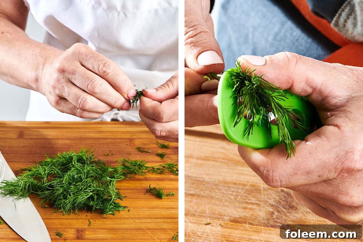 Removing dill leaves from stems by hand and with herb stripper.
