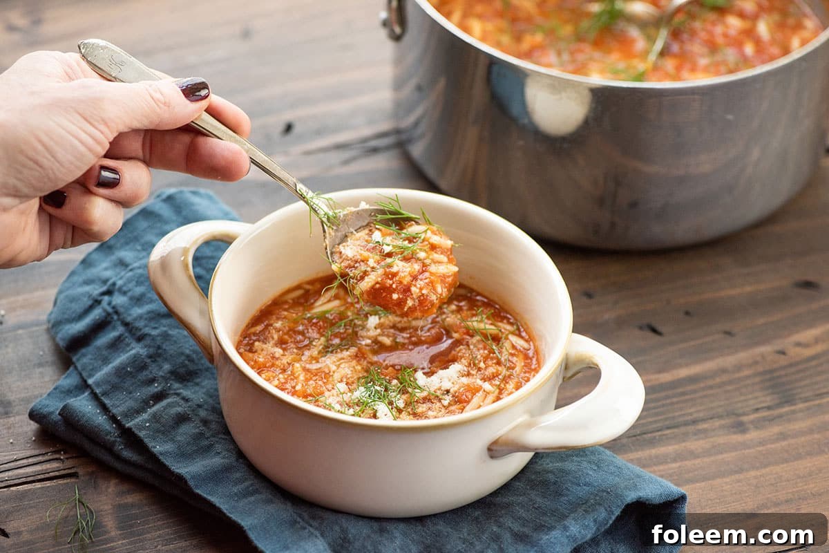 Spoon scooping Tomato, Orzo and Dill Soup from a bowl.