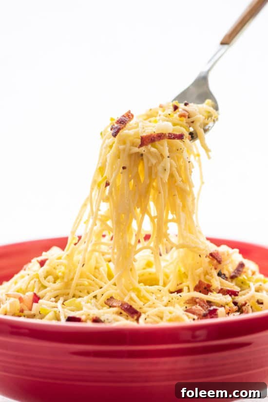 Pasta with Fennel, Bacon and Parmesan in red bowl
