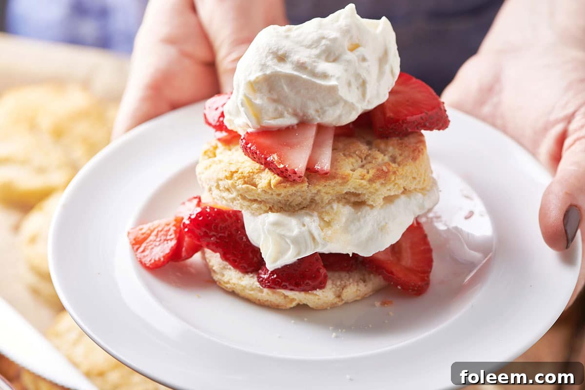 Plate with two repeating layers of biscuit, strawberries, and whipped cream.