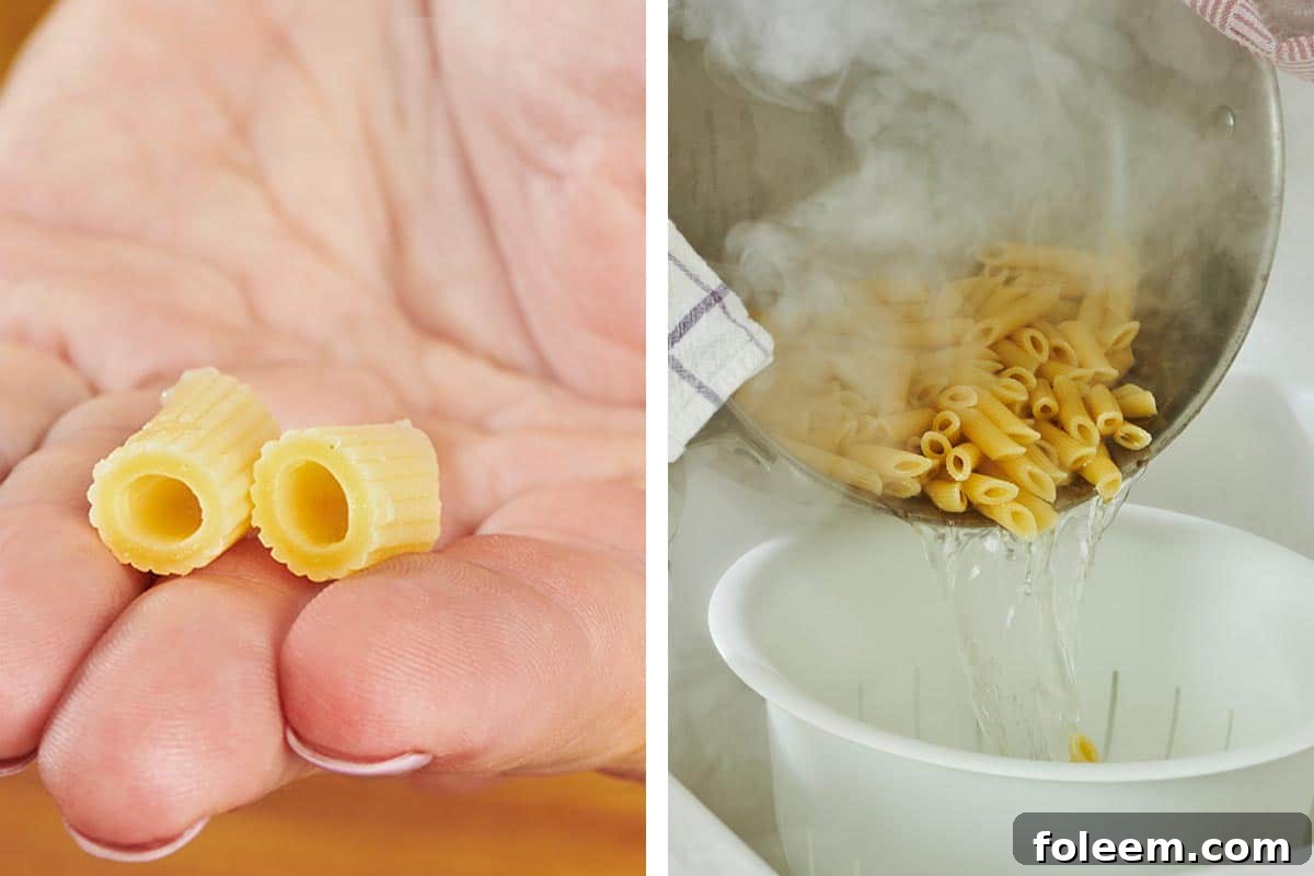 Straining al dente pasta noodles.